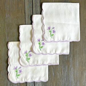 (4) Linen Napkins Scalloped Edge Purple Floral Flowers VNTG Tea Bridal Shower